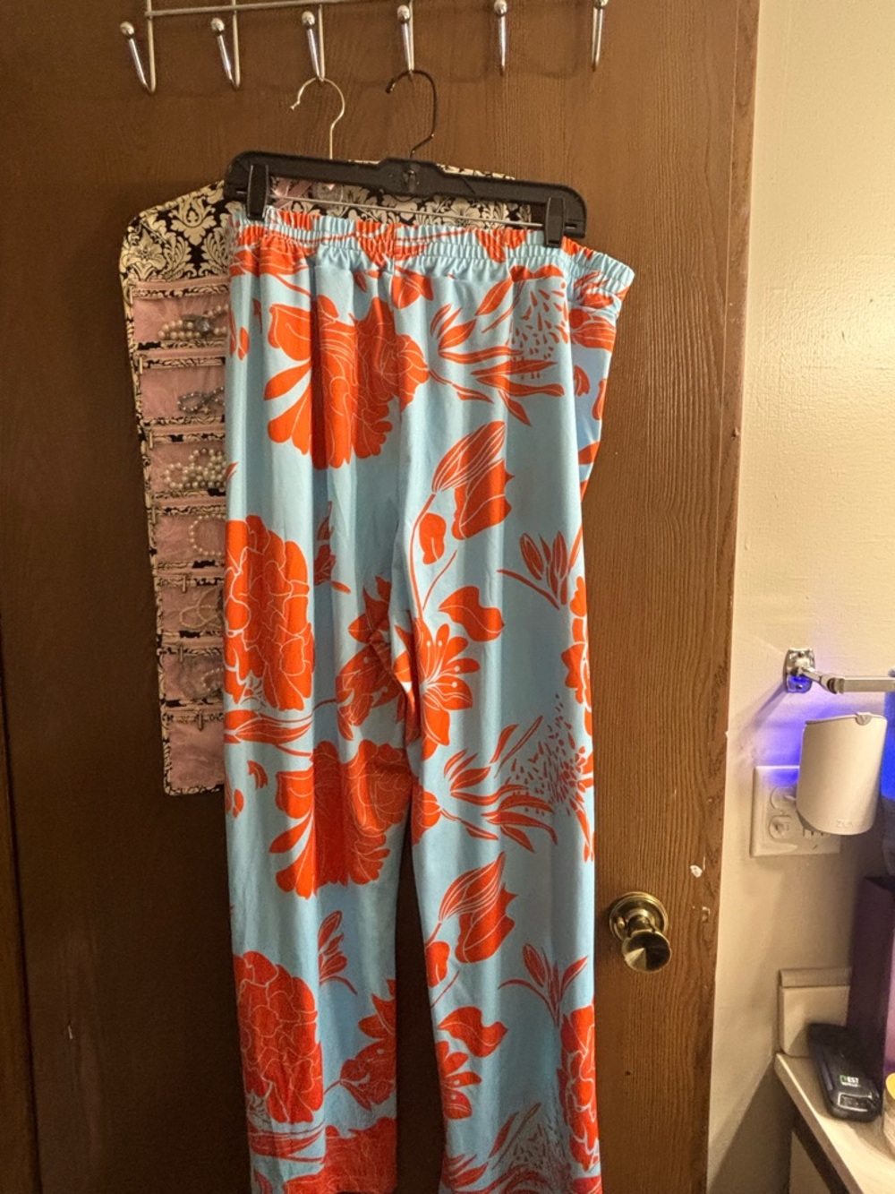 Light Blue & Bright Orange Floral Wide-Leg Pants